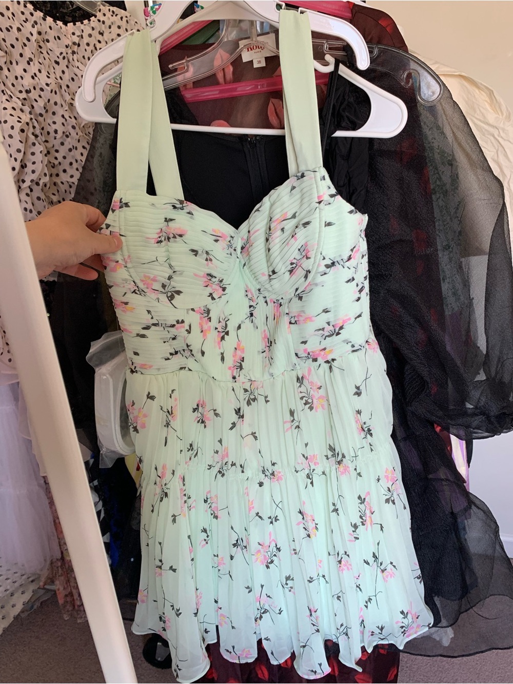 Brand New Self-Portrait Mint Green Floral Pleated Mini Dress